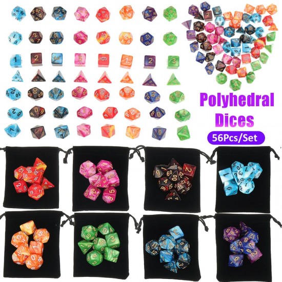 56Pcs/Set Polyhedral Dices For Dungeons Dragons Games D20 D12 D10 D8 D6 D4 Games + Pouch