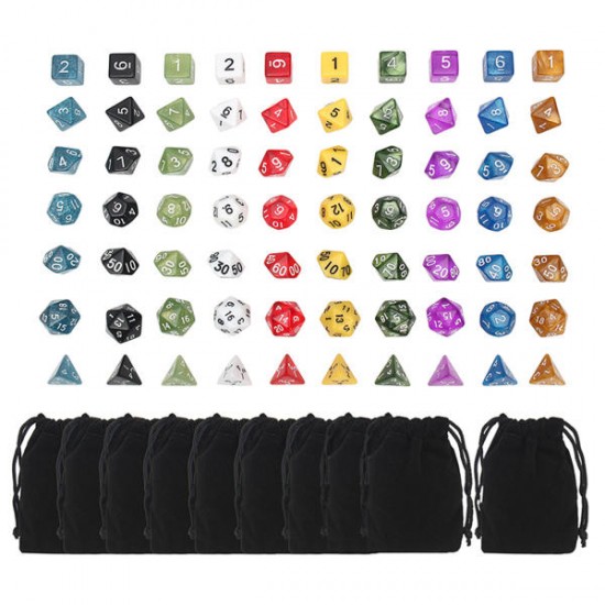 70 Pcs Polyhedral Dice Board RPG Dice Set 10 Colors 4D 6D 8D 10D 12D 20D With 10 Bags