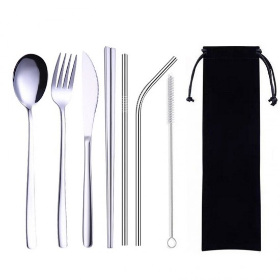 8Pcs Titanium-Plated 304 Stainless Steel Cutlery Set Knife Fork Spoon Chopsticks And Straw Combination