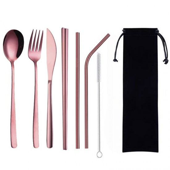 8Pcs Titanium-Plated 304 Stainless Steel Cutlery Set Knife Fork Spoon Chopsticks And Straw Combination