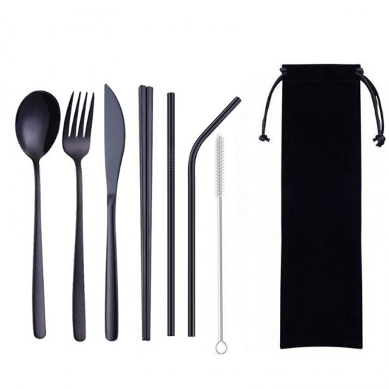 8Pcs Titanium-Plated 304 Stainless Steel Cutlery Set Knife Fork Spoon Chopsticks And Straw Combination