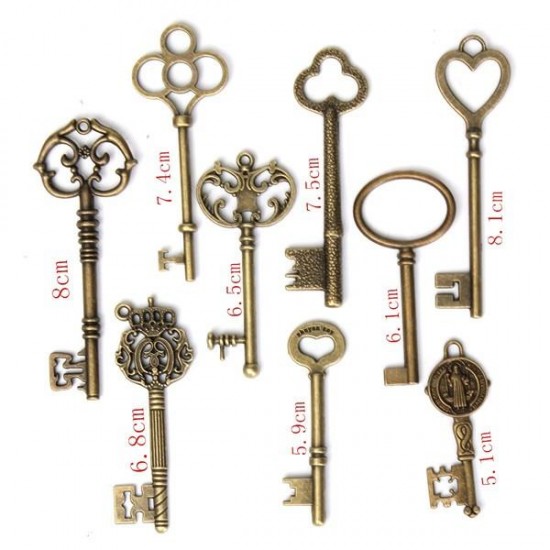 9Pcs Antique Vintage Skeleton Keys Bronze Charm Pendants For DIY Jewelry Making