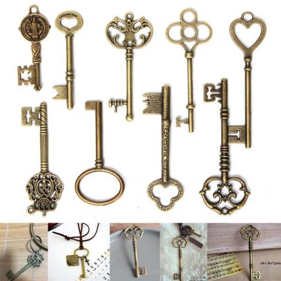 9Pcs Antique Vintage Skeleton Keys Bronze Charm Pendants For DIY Jewelry Making