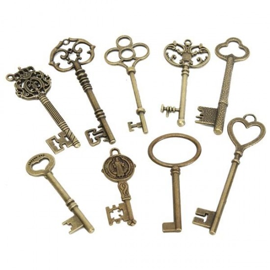 9Pcs Antique Vintage Skeleton Keys Bronze Charm Pendants For DIY Jewelry Making