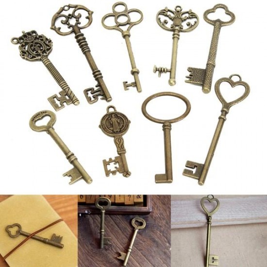 9Pcs Antique Vintage Skeleton Keys Bronze Charm Pendants For DIY Jewelry Making