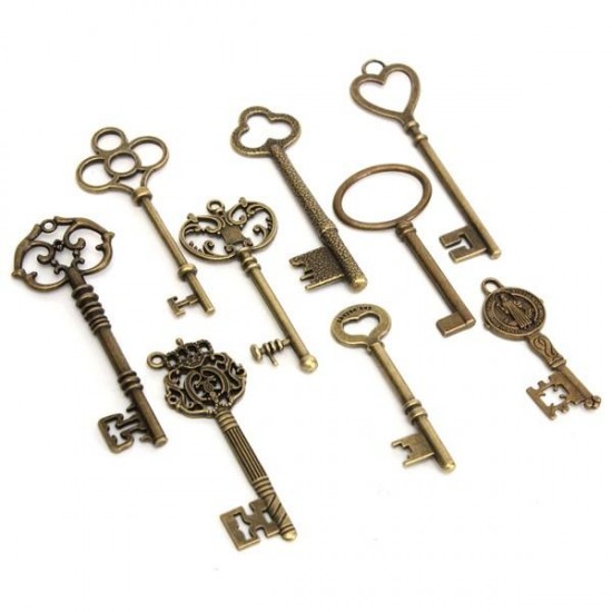 9Pcs Antique Vintage Skeleton Keys Bronze Charm Pendants For DIY Jewelry Making