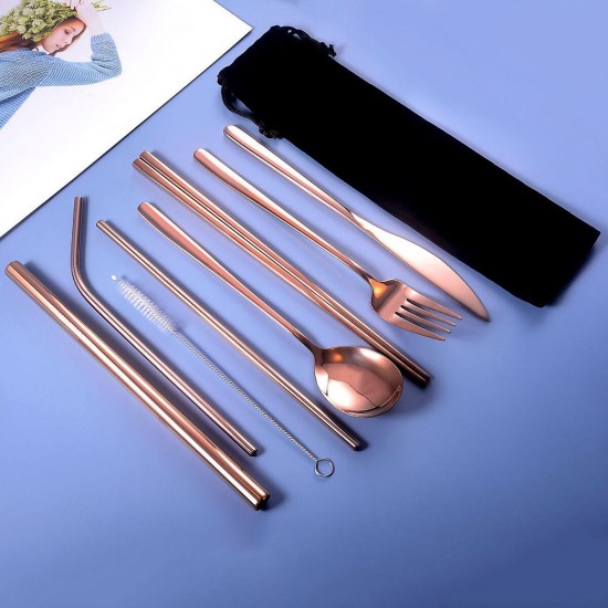 9pcs Titanium-Plated 304 Stainless Steel Cutlery Set Knife Fork Spoon Chopsticks Straw Set 9pcs Titanium-Plated 304 Stainless Steel Cutlery Set Knife Fork Spoon Chopsticks Straw Set