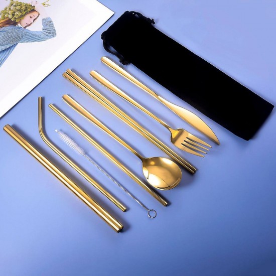 9pcs Titanium-Plated 304 Stainless Steel Cutlery Set Knife Fork Spoon Chopsticks Straw Set 9pcs Titanium-Plated 304 Stainless Steel Cutlery Set Knife Fork Spoon Chopsticks Straw Set