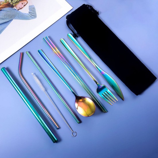 9pcs Titanium-Plated 304 Stainless Steel Cutlery Set Knife Fork Spoon Chopsticks Straw Set 9pcs Titanium-Plated 304 Stainless Steel Cutlery Set Knife Fork Spoon Chopsticks Straw Set