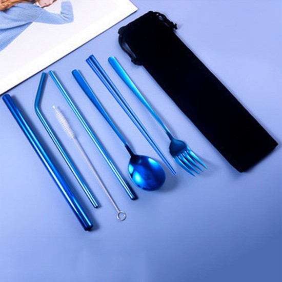 9pcs Titanium-Plated 304 Stainless Steel Cutlery Set Knife Fork Spoon Chopsticks Straw Set