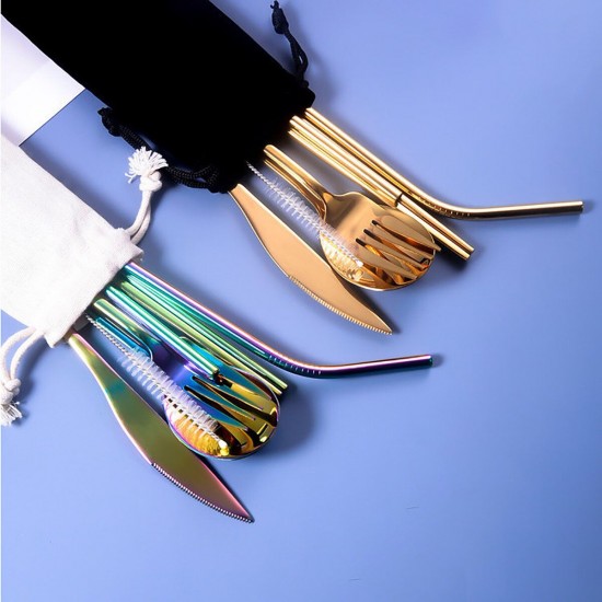 9pcs Titanium-Plated 304 Stainless Steel Cutlery Set Knife Fork Spoon Chopsticks Straw Set