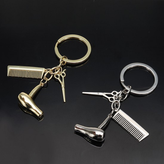 Creative Keychain Alloy Stylist Hair Dryer Scissor Comb Dangle Pendant Key Ring Artware Gift