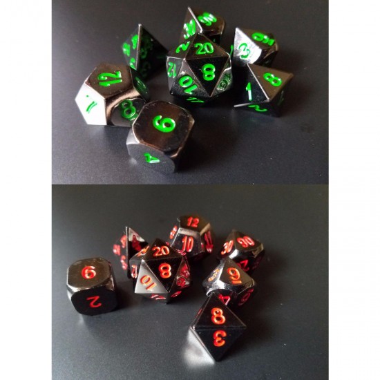 New Metal Polyhedral Dice with Bag Green Red 7 Piece Metal Set DnD RPG