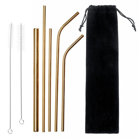 Portable Metal Straw Set 304 Stainless Steel Straws Reusable Metal Drinking Straws With Cleaning Brushes Pounch