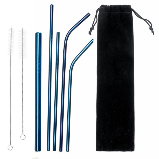 Portable Metal Straw Set 304 Stainless Steel Straws Reusable Metal Drinking Straws With Cleaning Brushes Pounch