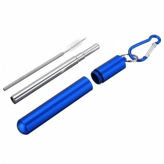 Reusable Collapsible Straw with Case & Brush Retractable Stainless Steel Metal Drinking Straws