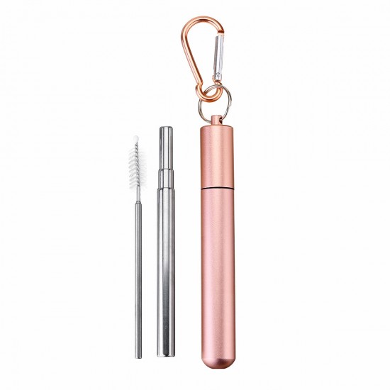 Reusable Collapsible Straw with Case & Brush Retractable Stainless Steel Metal Drinking Straws