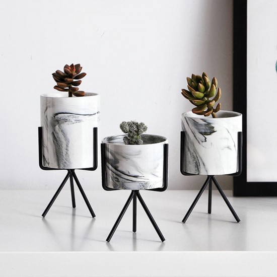 S/M/L Nordic Style Flower Pot Iron Wire Metal Rack Marble Ceramic Succulent Plant Pot Cactus Decoration Basin with Stand