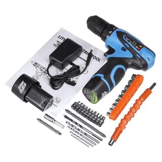 12V Cordless Power Drill 2 Speed Electric Screwdriver Repair Tools Kit W/ 2 Pcs Li-ion Battery