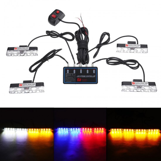 16W 4-in-1 16 LED Strobe Lights Bumper Grille Warning Lamp with Controller Mode Switch