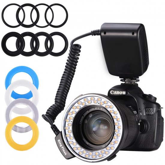 RF-550D 48pcs Macro LED 3000-15000K Ring Flash Light with 8 Adapter Ring for Canon for Nikon for Pentax for Olympus for Panasonic DSLR Camera