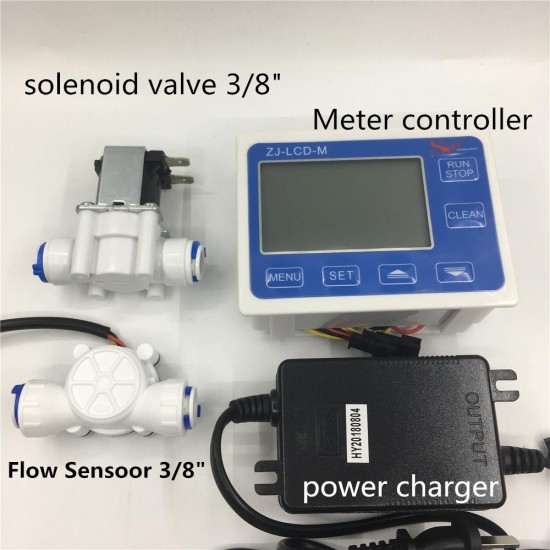 3/8 Flow Sensor+ZJ-LCD-M Flow Meter Controller + Soleniod Valve + Power Charger LCD Display for Water Liquid Measurement