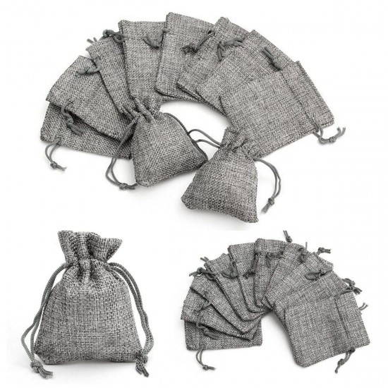 10PCS Grey Burlap Bags Jute Hessian Drawstring Sack Small Wedding Favor Gift