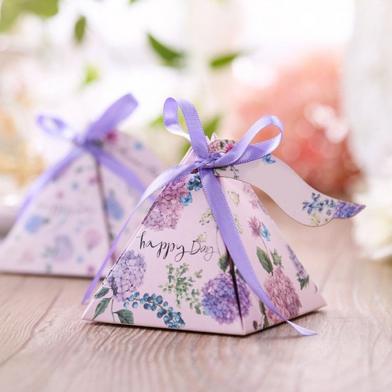 50PCS Spring Flower Candy Boxes Paper Wedding Party Decorations Favour Sweet Boxes Bags Ribbons Tags