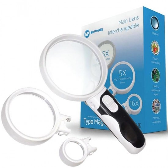 Interchangeable Handheld LED Light Magnifying Glass Magnifier High Power for Reading Sewing Jewelry Travel with 3 Different Lens