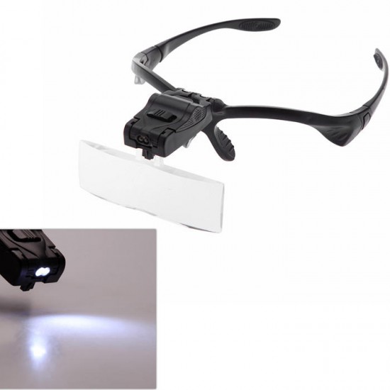 9892B 1.0/1.5/2.0/2.5/3.5X Headband Magnifier Magnifying Glass Eye Repair Loupe 2 LED Light with 5Pcs Glasses