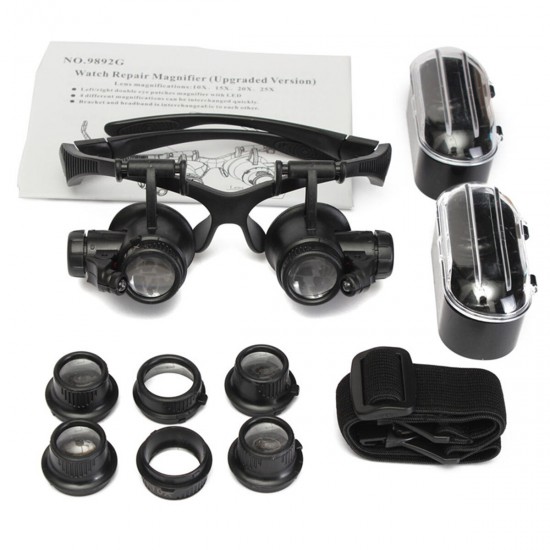 LED Light Magnifier Loupe Glasses 10X 20X 25X 15X Binocular Lens Magnify Repair