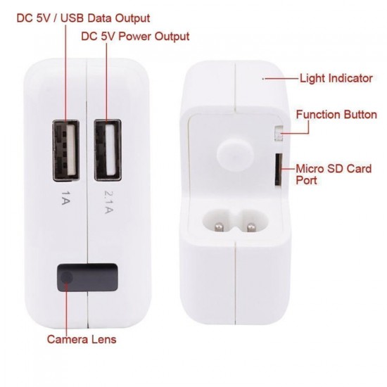 Mini 2 Port USB Wall Charger Hidden Camera 1080P HD DVR Recorder Motion Detection Power Adapter