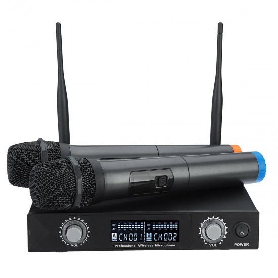 2 Channels Pro Wireless Microphone System UHF Double Handheld Mics Karaoke Home