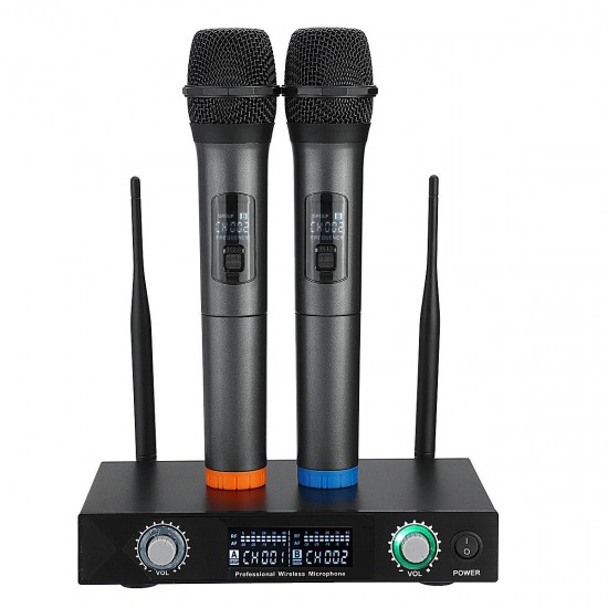 2 Channels Pro Wireless Microphone System UHF Double Handheld Mics Karaoke Home