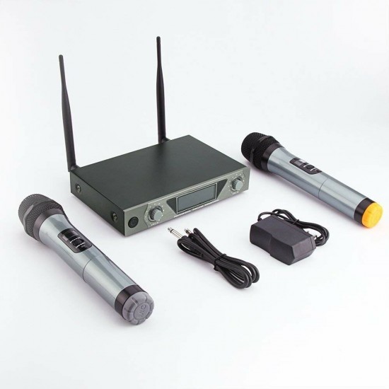 UHF Wireless Microphone System with LCD Display and Dual Handheld Dynamic Microphones for Karaoke
