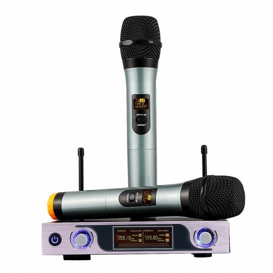 Dual Channel VHF Handheld Wireless Microphone ReceiverAdjustable Volume Control Two Cordless LCD Handheld Noise Reduction Mics