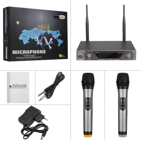 LCD Dual Channel UHF Wireless Hand Held 2 Handheld Microphone Mic System Kit