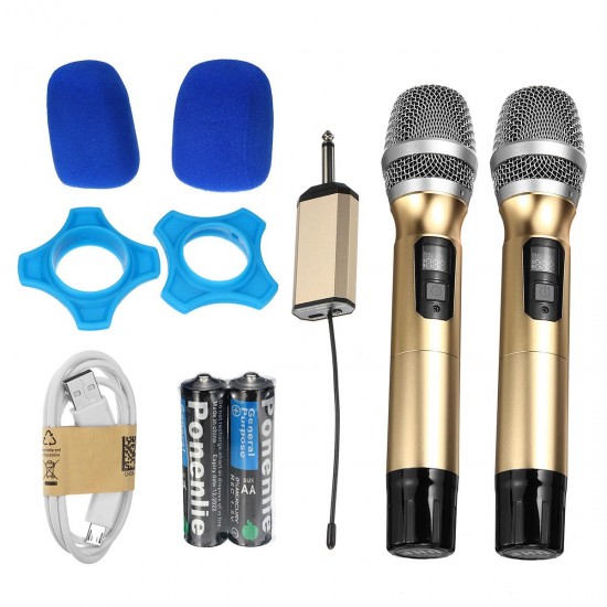 Portable UHF Wireless Microphone System 2 Handheld Mics Speaker Player with Digital Receiver for Stage Bar Show Perform