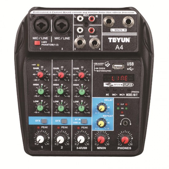 A4 4 Channel bluetooth 4.0 Audio Mixer Mixing Console Sound Card 48V Phantom Power A4 4 Channel bluetooth 4.0 Audio Mixer Mixing Console Sound Card 48V Phantom Power