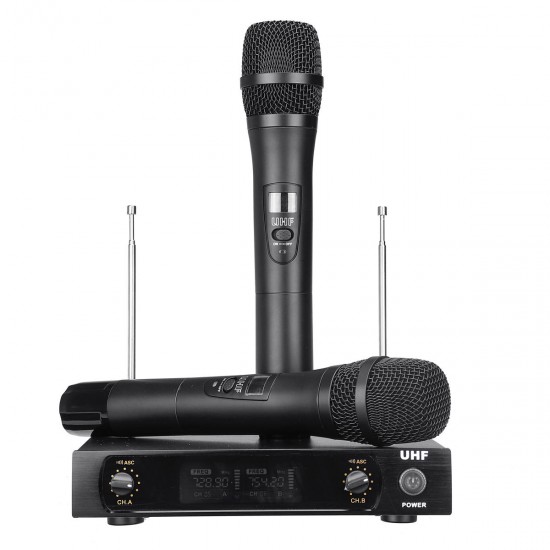 UHF 220-270MHz Wireless Microphone System Receiver Dual Mic Handheld Cordless KTV Stage