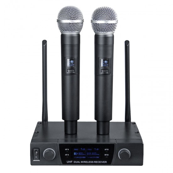 UHF 613-870MHz Professional Dual-channel Wireless Microphone System Karaoke Amplifier with 2 Handheld Microphones