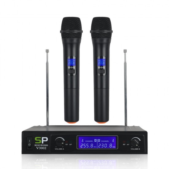 V3002 VHF Wireless Microphone System 2PCS Handheld LCD Mic with 2 CH Receiver