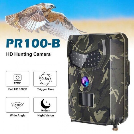 PR100B 12MP 1080P 120° Night Vision Hunting Camera IP56 Waterproof Wildlife Trail Camera for Home Security and Wildlife Monitoring