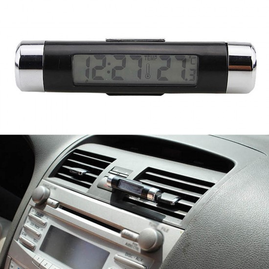 High 2 in 1 Digital LCD Display Screen Hygrometer Thermometer Car Time Clock Car Styling Blue Backlight Auto Accessories Air Vent Outlet