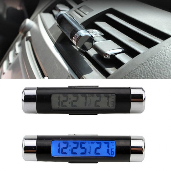 High 2 in 1 Digital LCD Display Screen Hygrometer Thermometer Car Time Clock Car Styling Blue Backlight Auto Accessories Air Vent Outlet