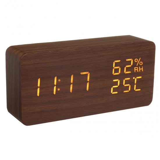 Modern Wooden Wood Digital Thermometer USB Charger LED Desk Alarm Wireless Clock