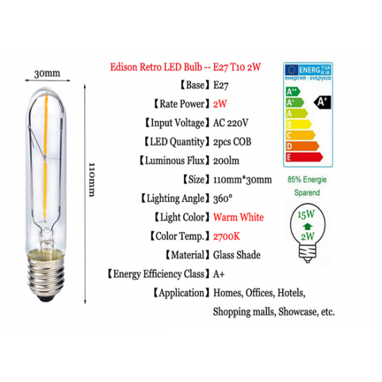 E27 T10 2W LED COB Filament Light Bulb Edison Vintage Retro Lamp AC 220V