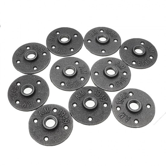 10Pcs/Set 1/2'' 3/4'' 1'' Malleable Cast Iron Floor Flange Plates 4 Holes Black Pipes Fittings Industrial Pipe Furniture Wall Mount DIY Decor