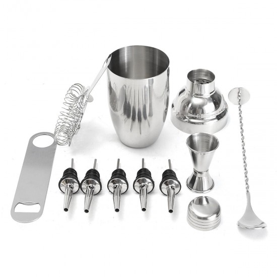 11Pcs Stainless Steel Cocktail Shaker Mixer Martini Spirits Muddler Pourer Strainer Bartender Set