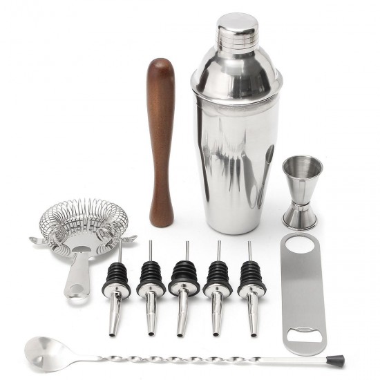 11Pcs Stainless Steel Cocktail Shaker Mixer Martini Spirits Muddler Pourer Strainer Bartender Set